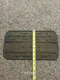 American Locomotive Co. Builder's Plate Schenectady 1907 NY Central RR 13x7