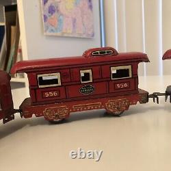 Antique New York Central Mechanical Wind-Up Train Set Red Theme Locomotive Mix