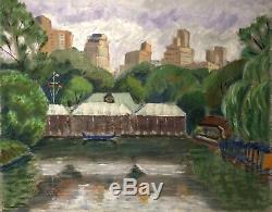 Central Park Boathouse New York City Vintage Impressionist Landscape Painting