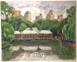 Central Park Boathouse New York City Vintage Impressionist Landscape Painting