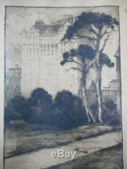 Jules Andre Smith 1911 Etching Plaza Hotel from Central Park New York City