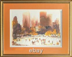 Wilt, New York City Skyline Central Park Wollman Rink Watercolor Painting 1960s