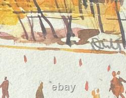 Wilt, New York City Skyline Central Park Wollman Rink Watercolor Painting 1960s