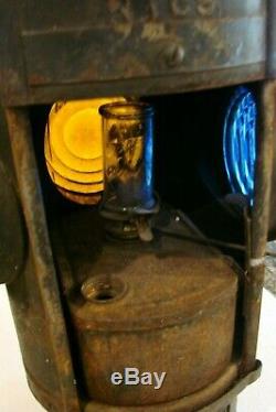 Antique Handlan Railroad Lantern New York, Système Central Blue & Orange 4 Way