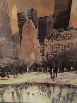 Vintage New York City Central Park Patinage Sur Glace Peinture Aquarelle. Signé